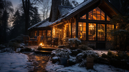 Fototapeta premium A charming log cabin nestled in a snowy woodland, with a roaring fireplace, where a contented cat and a loyal dog enjoy the warmth together