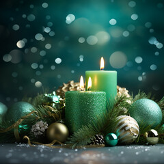 green and silver Christmas bubbles and candles in a festive atmosphere - 659619677
