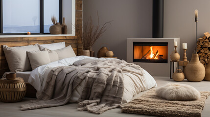 A serene bedroom with a fireplace, soft blankets, and a cat and dog nestled together on a fluffy comforter, epitomizing winter coziness
