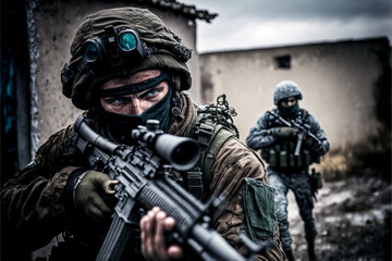 Modern soldiers, new weapons. Located in a war zone.