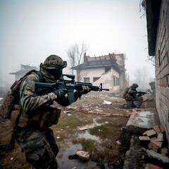 Fototapeta premium Modern soldiers, new weapons. Located in a war zone.