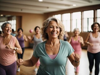 A vibrant scene captures a group of middle-aged women joyfully participating in a dance class. Their faces radiate happiness and energy as they candidly express their active lifestyle. - obrazy, fototapety, plakaty
