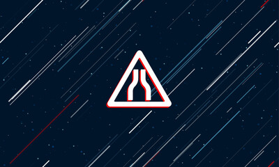 Large white road narrowing sign framed in red in the center. The effect of flying through the stars. Vector illustration on a dark blue background with stars and slanted lines © Alexey
