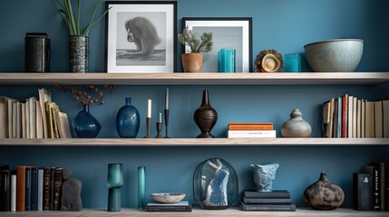  a shelf filled with vases and books on top of a blue wall.  generative ai