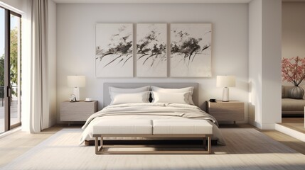 Neutral-toned bedroom with a pop of artwork.