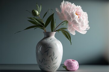 a white vase with a pink flower in it and a pink flower in it on a table next to a blue wall. - obrazy, fototapety, plakaty