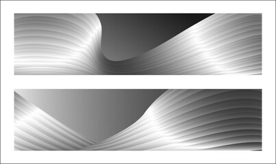 Monochrome cover design, abstract background. Wavy silver parallel gradient lines, ribbons, silk. Set of 2 backgrounds. Black and white with shades of gray banner, poster. eps vector