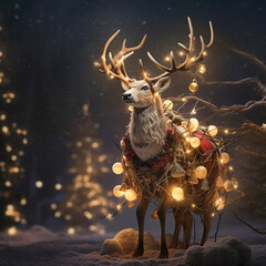A reindeer with baubles on its back in a Christmas atmosphere