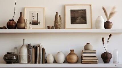  a couple of shelves with vases and books on them.  generative ai