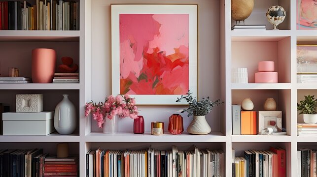  a picture of a pink painting on a book shelf filled with books.  generative ai