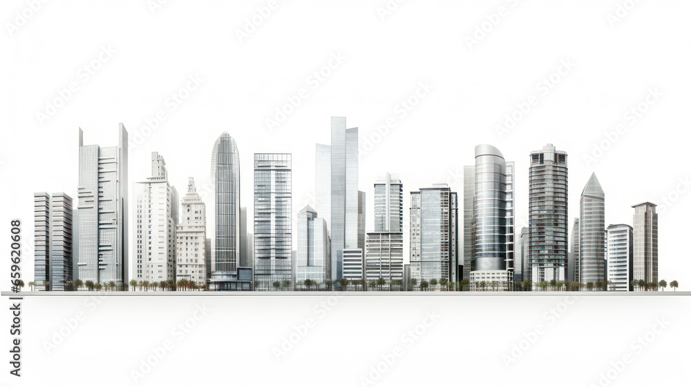 Poster modern skyscrapers in a row isolated on white created with generative ai