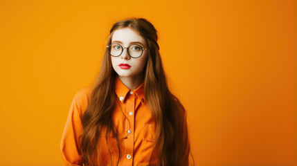 Beautiful red haired teen girl in glasses on orange background.