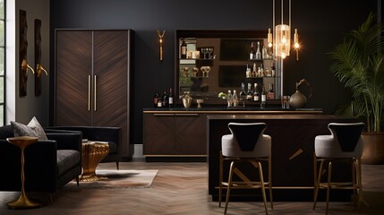 a classy home bar, decked out in dark wood and shiny brass details that scream sophistication. 