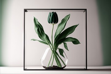 a vase with a flower inside of it on a shelf next to a wall and a window frame with a picture of a flower. Generative ai