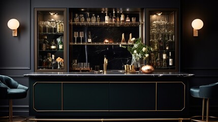 a classy home bar, decked out in dark wood and shiny brass details that scream sophistication.