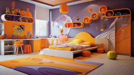 Play in a children's room with creative storage and vibrant colors.