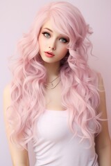 Naklejka premium Elegant ulzzang with pink flowing hair in a white top pose