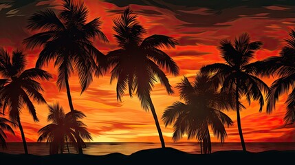  a painting of a sunset with palm trees and the ocean.  generative ai