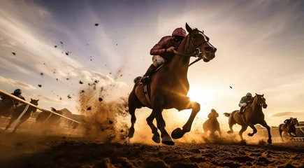 Foto op Plexiglas rider on the horse, horse riding in the stadium, horse racing in the desert, close-up of a horse rider, close-up of horse racing, horse in action © Gegham