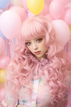 Japanese gyaru with pink hair amidst pastel balloons celebration scene