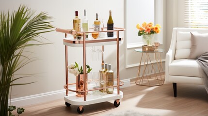Raise the bar with a white lacquered bar cart, adorned with rose gold accents and glass shelves for a touch of sophistication. - obrazy, fototapety, plakaty