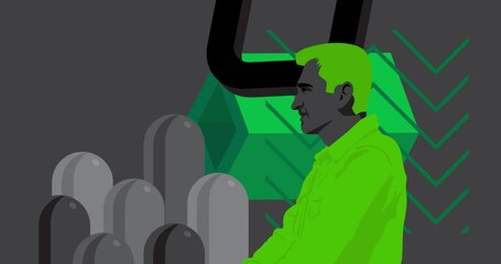 Black and green geometrical graphic retro shapes with male head, chest statue animation. Minimal geometric elements with man bust sculpture. Vintage shapes video. - Powered by Adobe