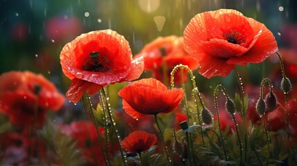 Fototapeta premium a field full of red flowers with water droplets on them. generative ai