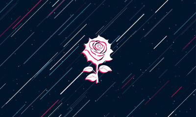 Large white rose flower framed in red in the center. The effect of flying through the stars. Vector illustration on a dark blue background with stars and slanted lines © Alexey