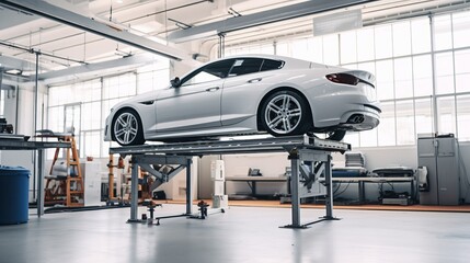 Car raised on car lift in autoservice.