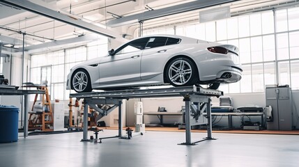 Car raised on car lift in autoservice.