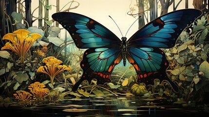  a painting of a blue butterfly sitting on a pond surrounded by flowers.  generative ai