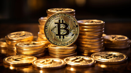 Bitcoin in the form of gold coins, beautiful lighting.