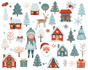 Scandi christmas illustration, cute houses, girl, trees, deer, santa claus. Big set of hand drawn christmas elements.