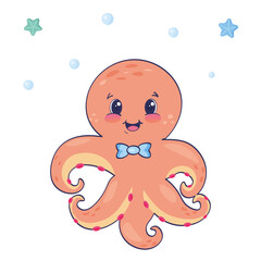 Cute smiling octopus with doodle elements on white background. Funny underwater animal. Childish character. Colored flat cartoon vector illustration