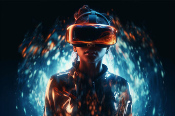 Fototapeta premium Person wearing virtual reality goggles. Future metaverse technology concept. 