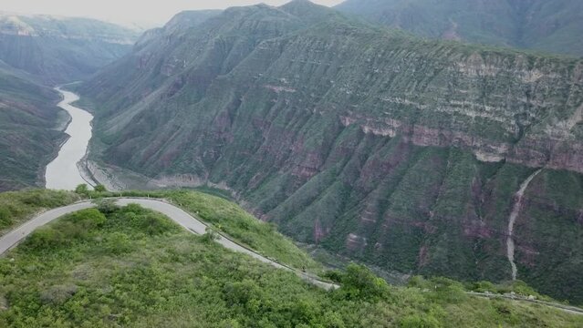 beautiful landscape with deep valleys and flowing rivers at the chicamocha canyon in the andes mountains of Colombia.