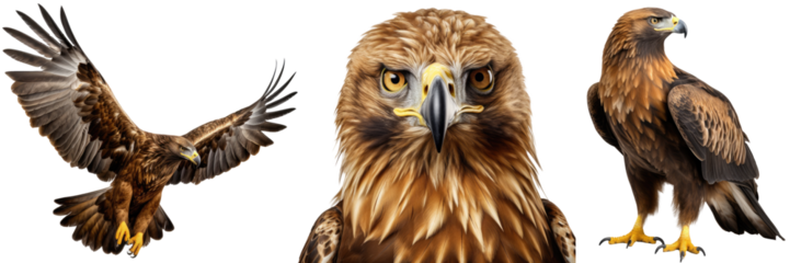 Golden eagle collection (portrait, standing, flying), animal bundle isolated on a white background as transparent PNG