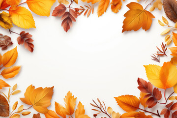 Yellow autumn leaves. White background, space for text.