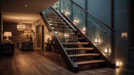 Sleek staircase with glass railings and lighting.