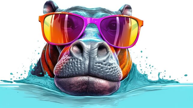 Muzzle of a hippopotamus in sunglasses in the water of the lake. Close-up of a hippo peeking out of the water is painted. Illustration for cover, postcard, postcard, interior design, decor or print.