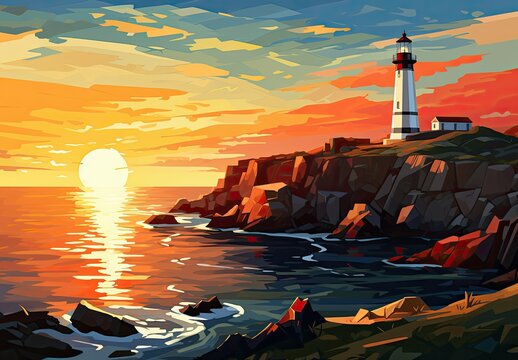 An oceanfront lighthouse at sunset. Seascape in artistic style. Painting depicting calm sea and white lighthouse building on the shore. Illustration for cover, card, interior design, decor, etc.