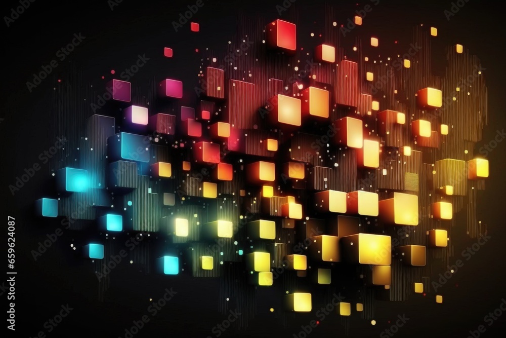 Poster abstract colorful cubes chaotically arranged on a black background