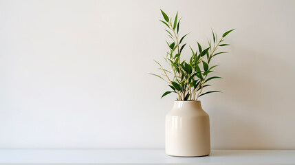 beige vase with plant on shelf against beige wall