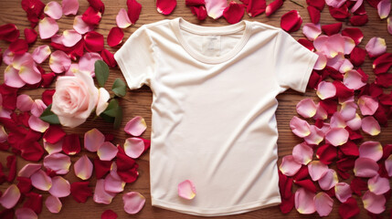 Top View Of Blank White T-Shirt Mockup For Valentine's Day With Red And Pink Rose Petals. Romantic Isolated T-Shirt Mock Up Template. Generative AI