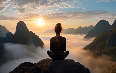 Woman sitting yoga pose on a rock at sunrise in the morning