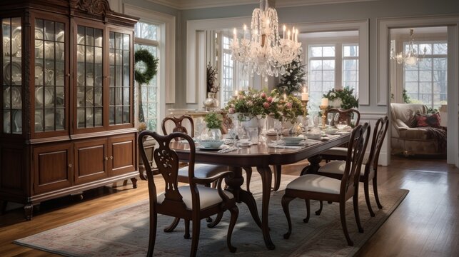 Step back in time in a traditional dining room with a grand extendable table, ready to host family gatherings.
