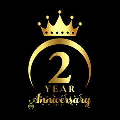 2 year anniversary celebration. Anniversary logo with crown ring and elegance golden color vector illustration.