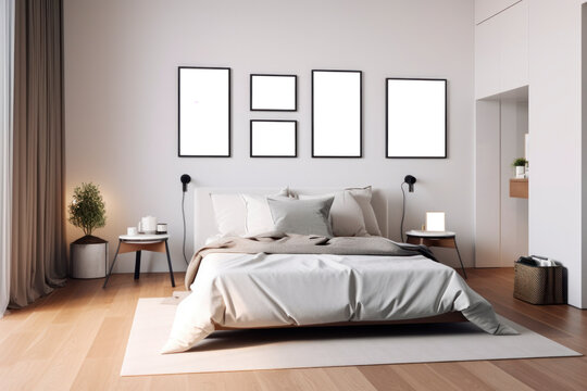 modern bedroom with white pictures