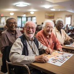 Senior Citizens Playing Bingo in Nursing Home, Elderly Diverse Group Socializing