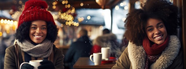 African American women having coffee in cafe with Christmas decoration